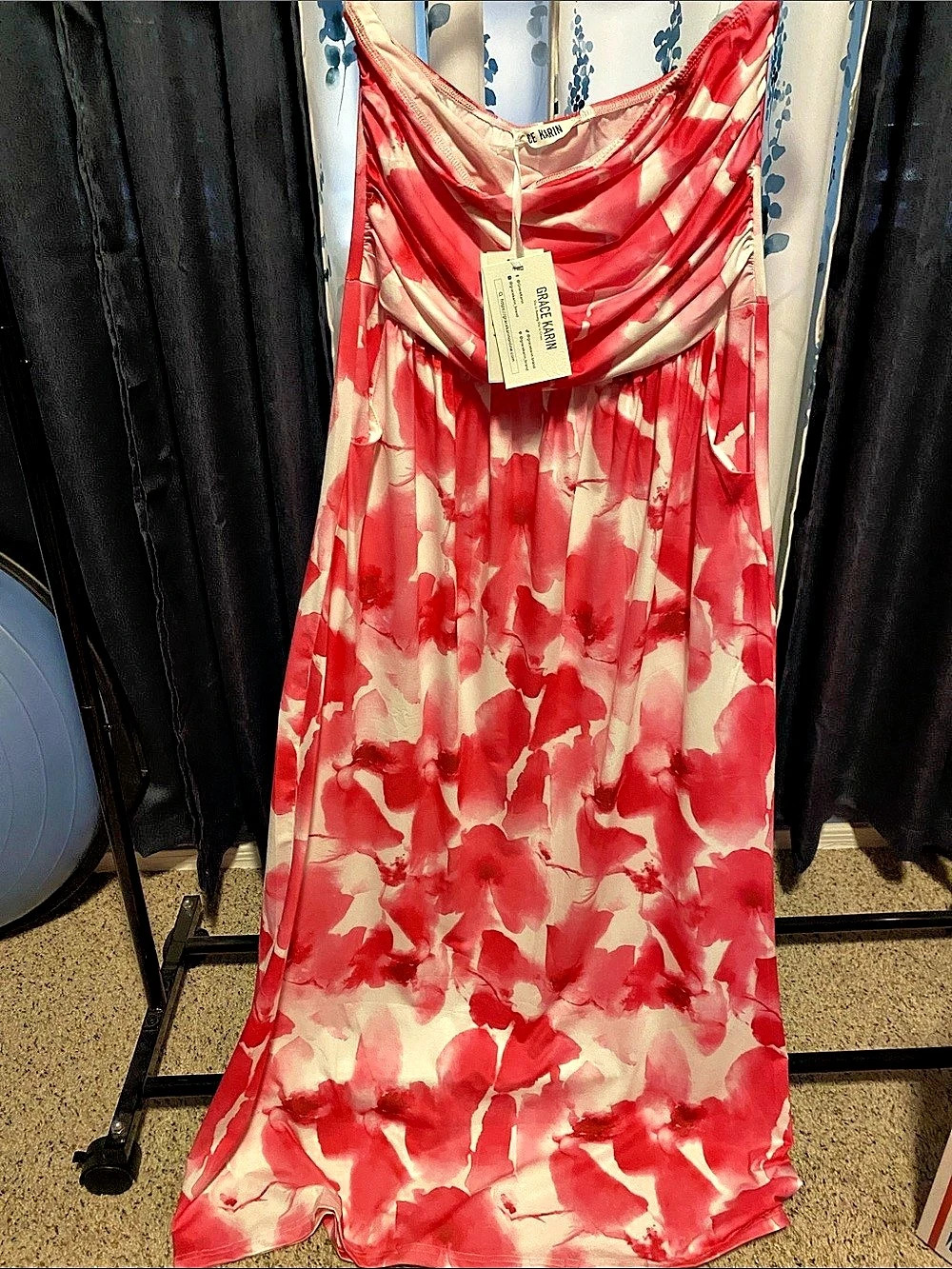 Grace Karin Strapless Floral Maxi Dress with Pockets Floral Maxi Dress in Red &